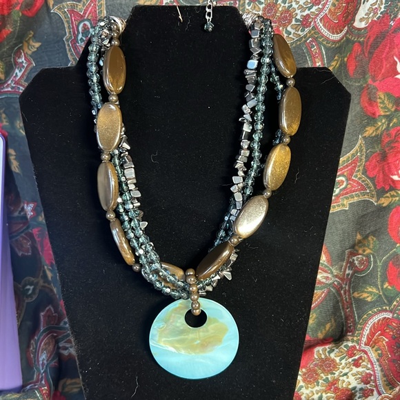 Hematite, Glass, Wood Multi-Strand Necklace Mother of Pearl Shell Pendant - Picture 6 of 6